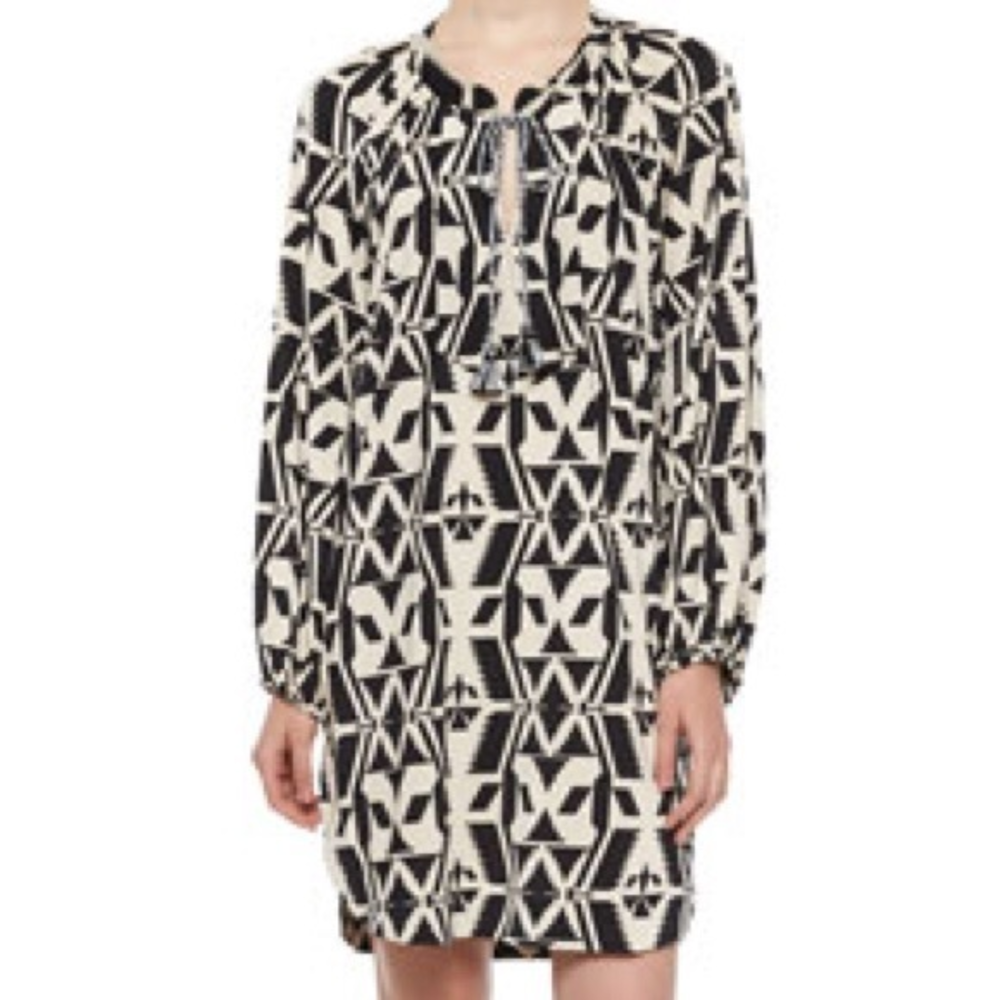 NEIMAN MARCUS Black White Tribal-Print‎ Shift Shirtdress Size Small